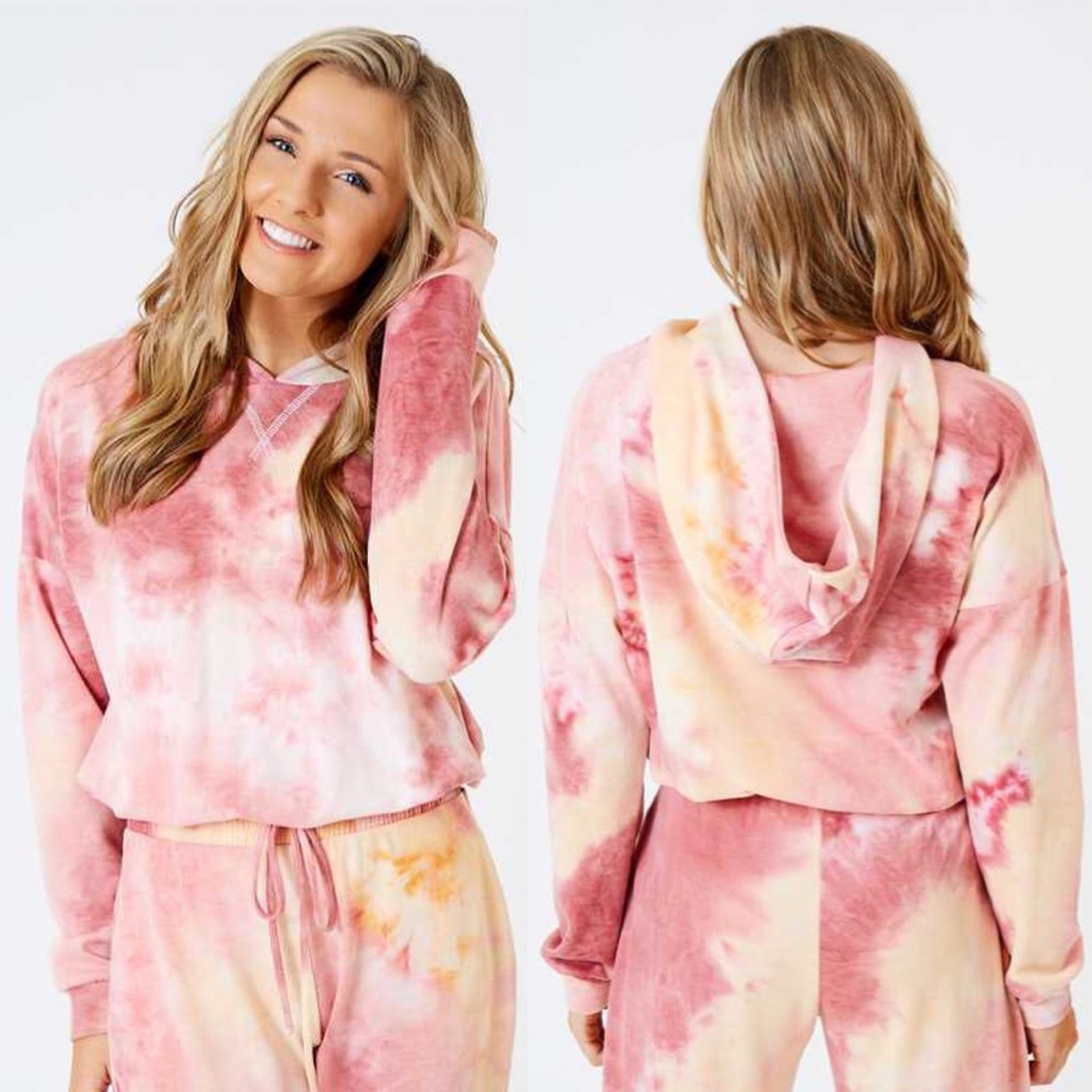 Hayley Tie Dye Hooded Cropped Pink Lounge Top NEW - Picture 5 of 5